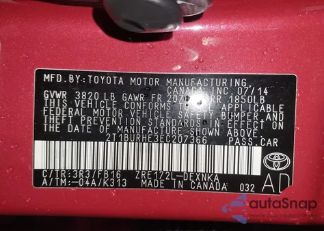 2014 Toyota Corolla Le из США, поврежденный, VIN 2T1BURHE3EC207366